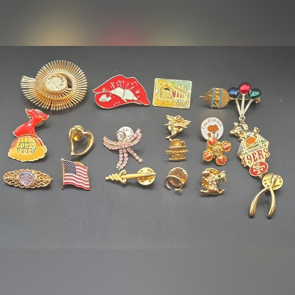 Jewelry - Mixed Vintage Gold Tone Enamel Pin Collection with Red & Pink Accents